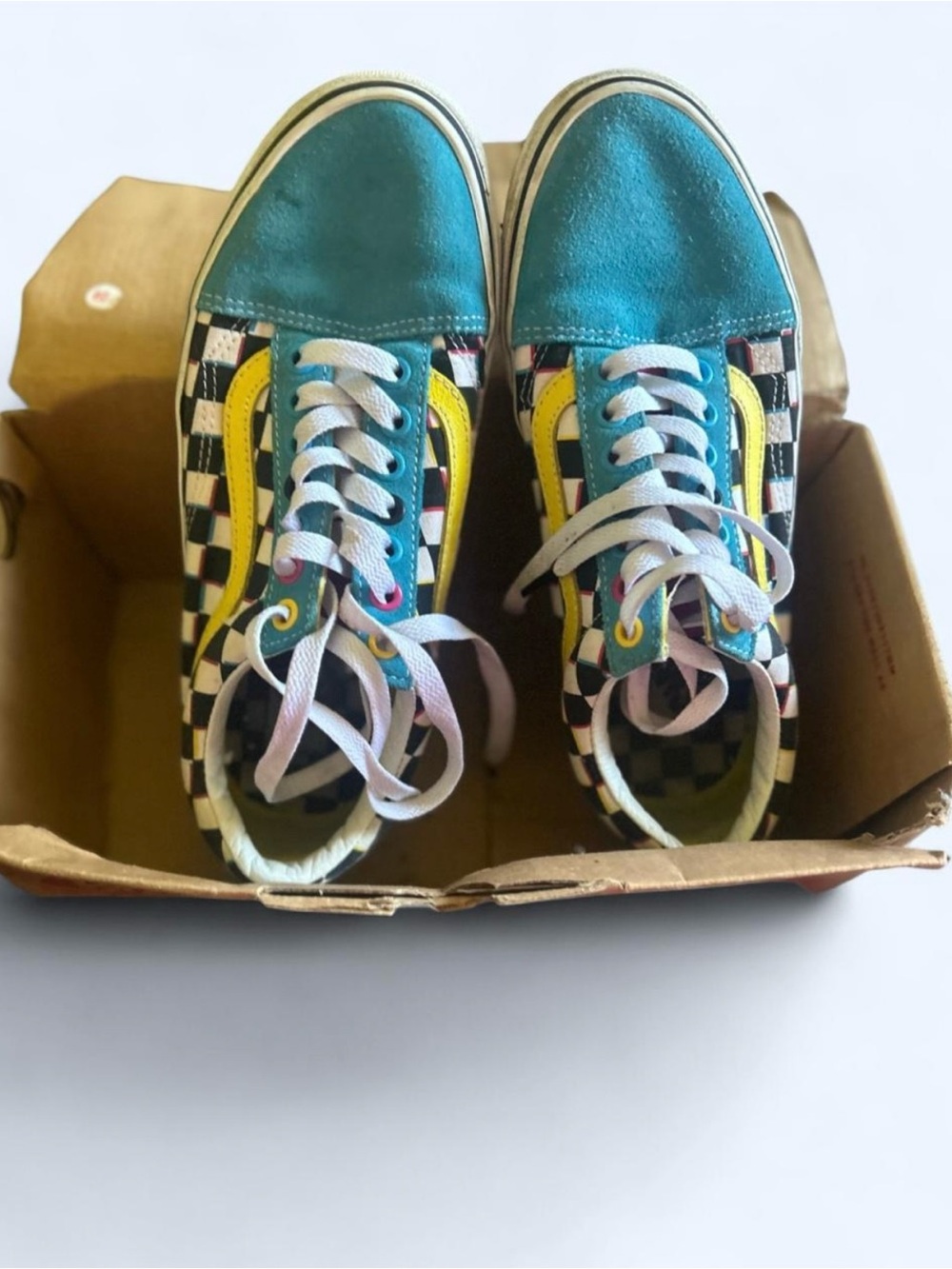 Vans Checkerboard Skate Sneakers in Teal, Yellow & Black